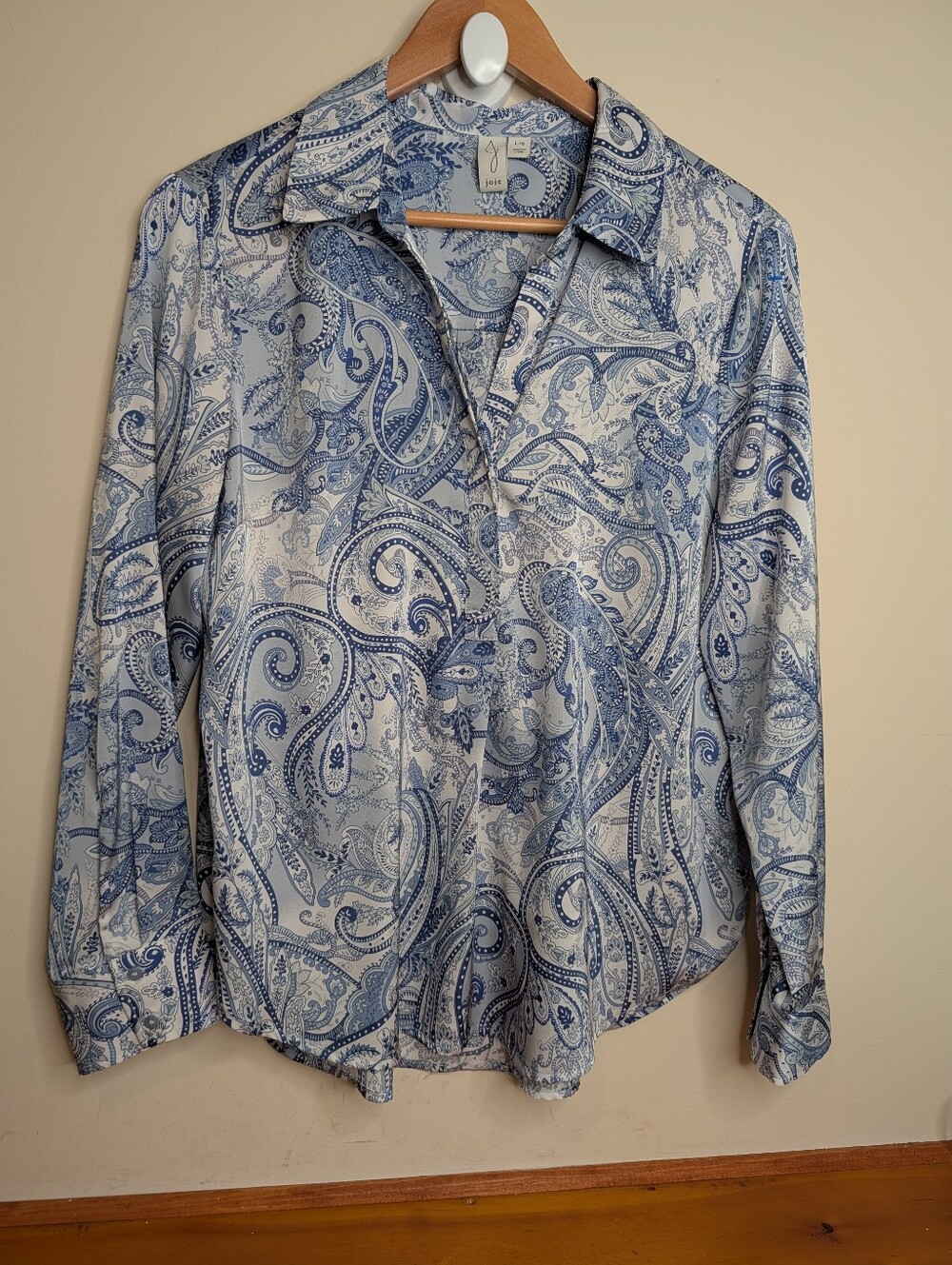 Joie Blue & White Paisley Print Popover Blouse Size L Long Sleeve Collared Top